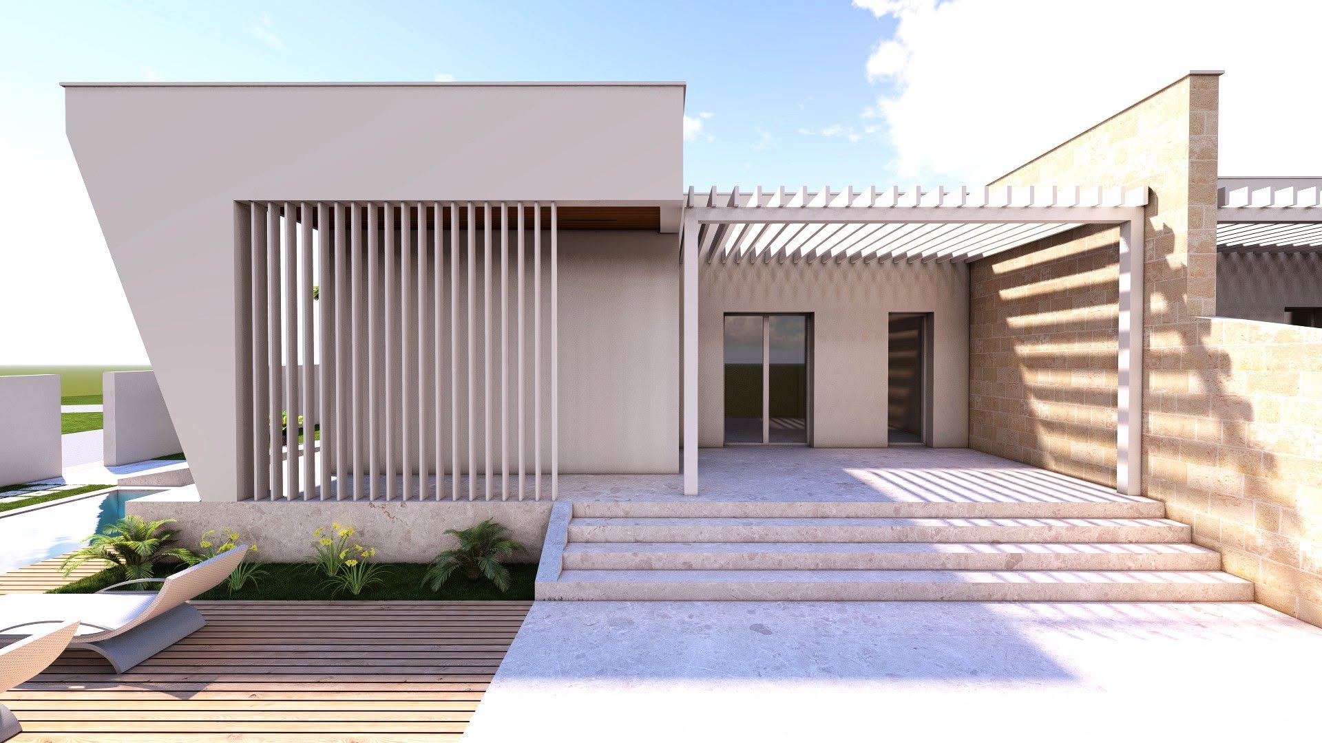 Rendering di una villa contemporanea con frangisole verticali e portico