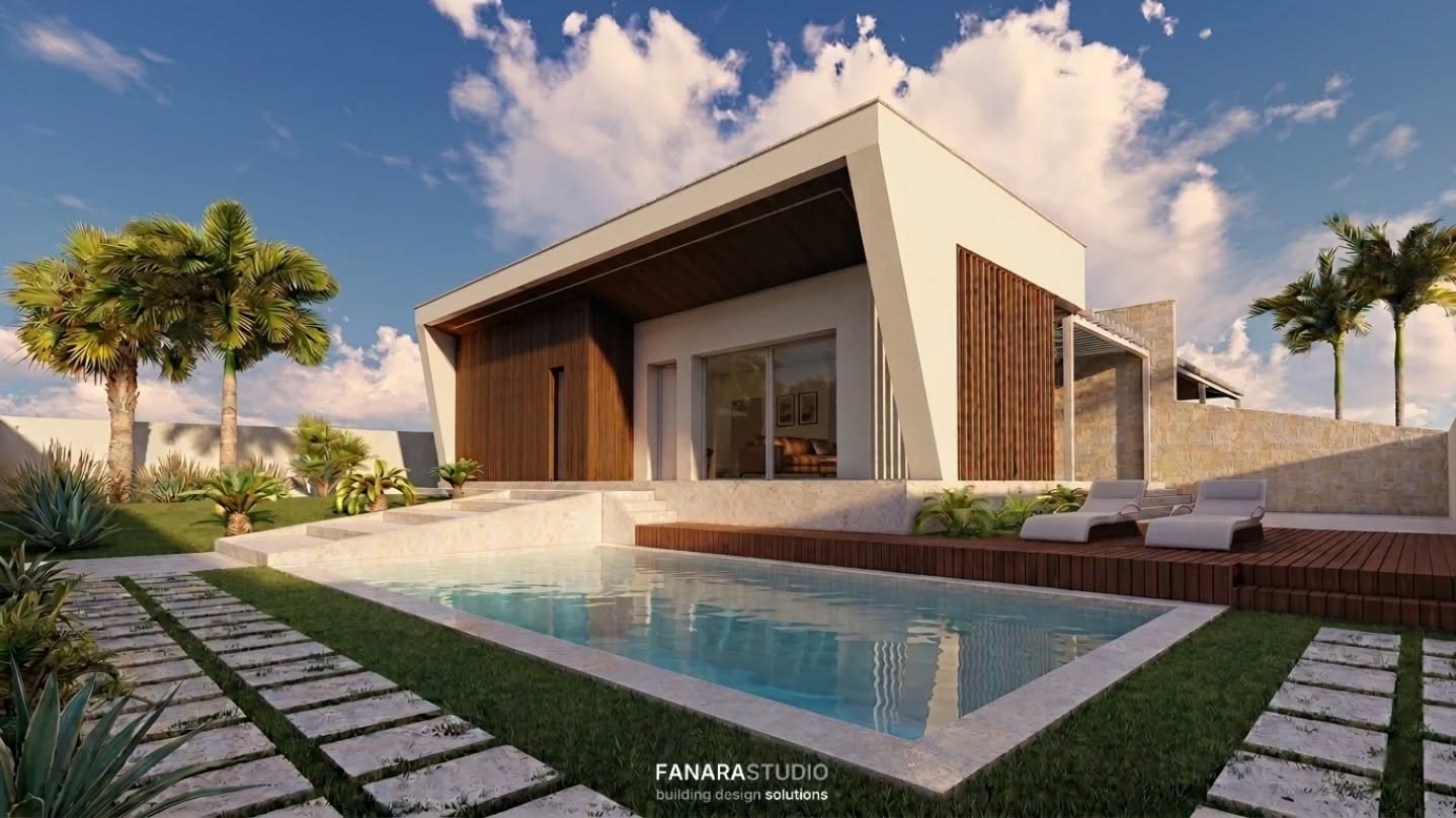 Rendering diurno di una villa con piscina, terrazza in legno e palme
