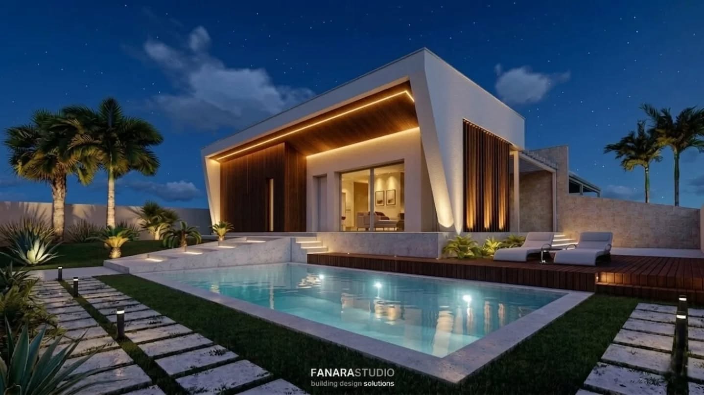 Rendering notturno della villa con luci calde e piscina illuminata