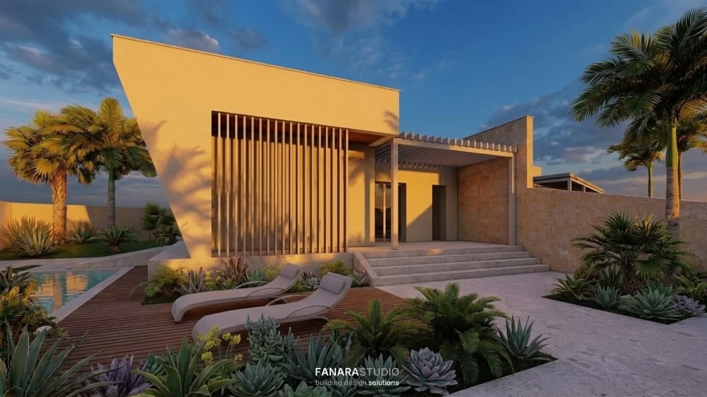 Rendering al tramonto della facciata con frangisole verticali